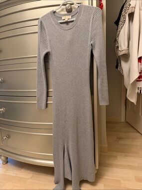 Michael Kors Gray Ribbed Long-Sleeve Maxi Dress with Front Ruffle detail